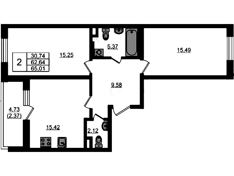 2-комнатная квартира 65.01 м², 2/4 эт., ЖК «Новая история»